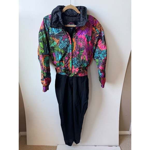 Vintage Smuggler Neon Ski Suit One piece Belted Snowsuit Snow 80's